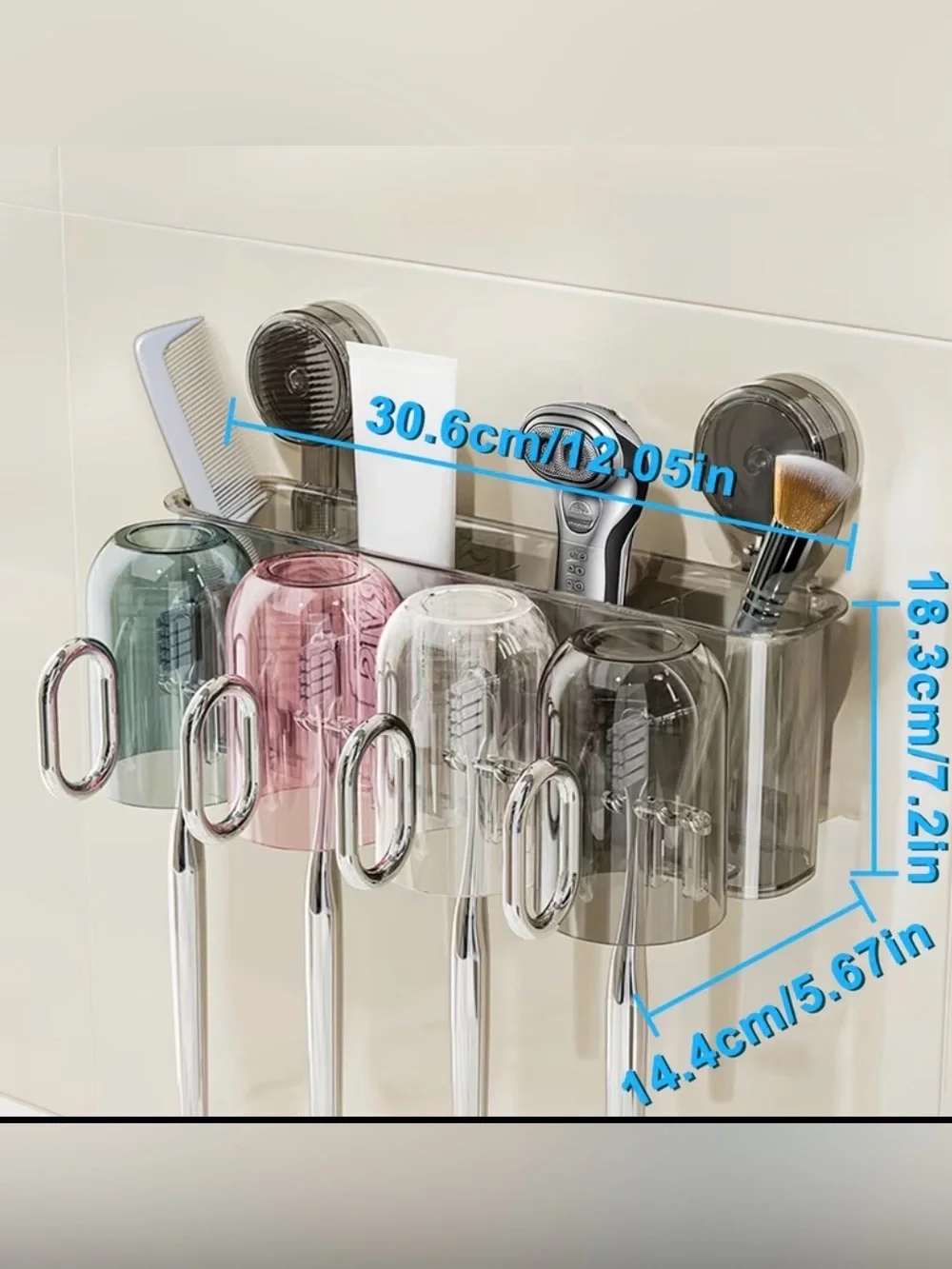 Suction Wall-Mount Bathroom Organizer with Four Cups - Clear, Pink, Green